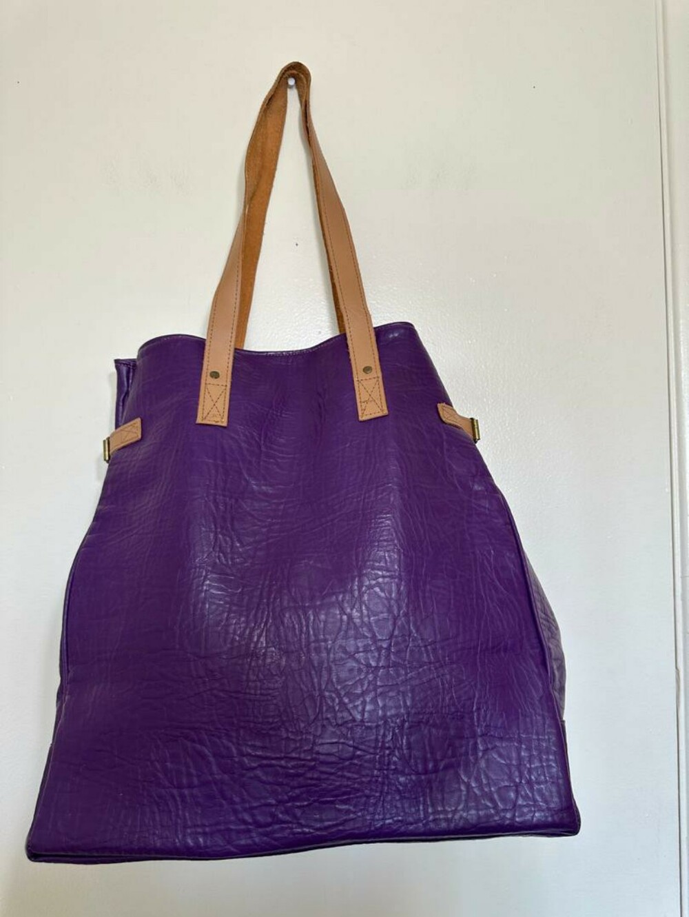 Vibrant Purple Slouchy Tote Bag Textured Leather Paired with Light Tan Leather